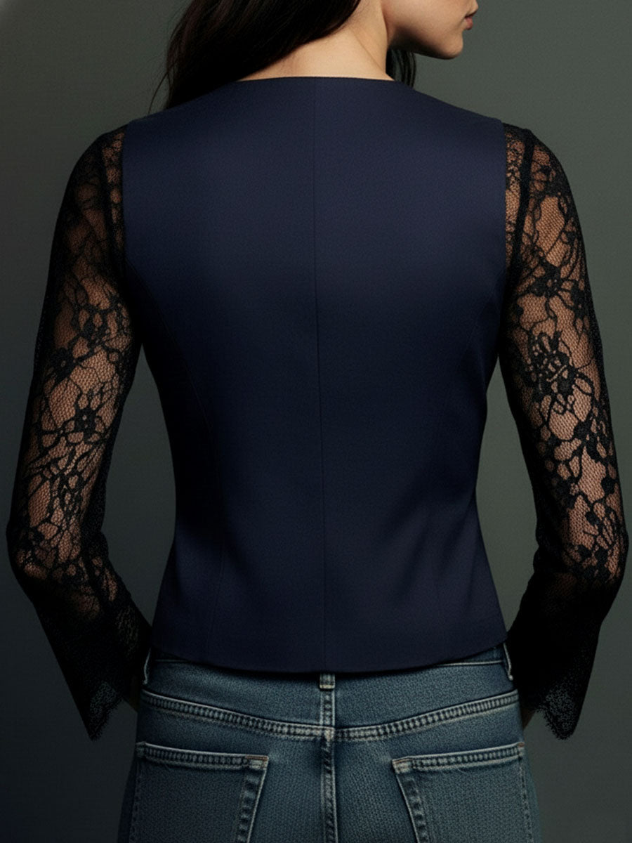 Ninon | Top Blazer Nero a Maniche Semitrasparenti