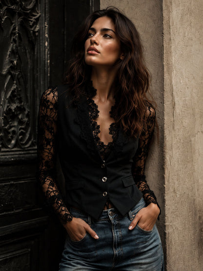 Ninon | Top Blazer Nero a Maniche Semitrasparenti