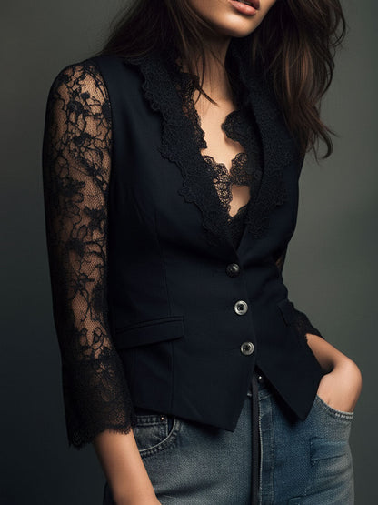 Ninon | Top Blazer Nero a Maniche Semitrasparenti