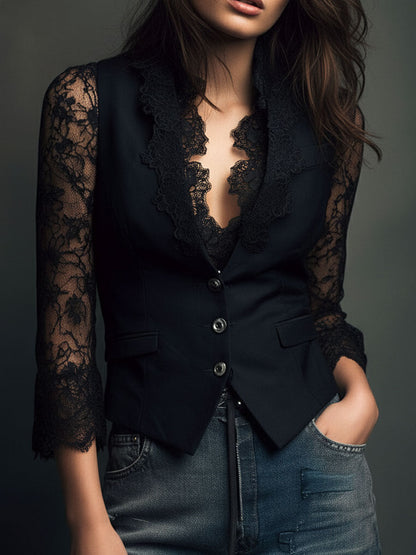 Ninon | Top Blazer Nero a Maniche Semitrasparenti