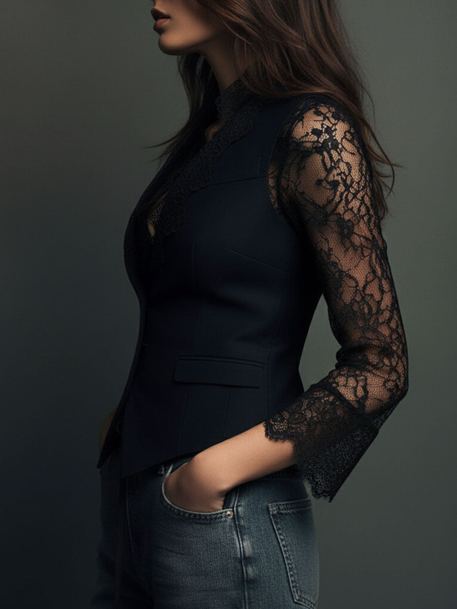 Ninon | Top Blazer Nero a Maniche Semitrasparenti