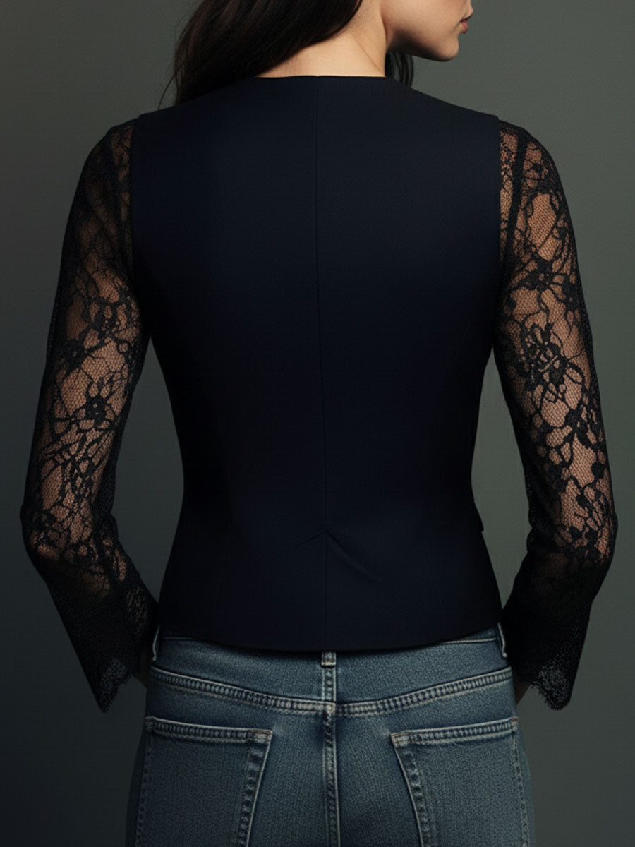 Ninon | Top Blazer Nero a Maniche Semitrasparenti