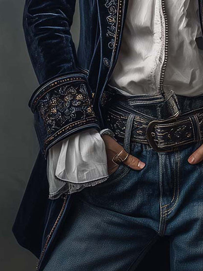 Athénaïs | Giacca Lunga in Velluto Ricamato, Blu Navy