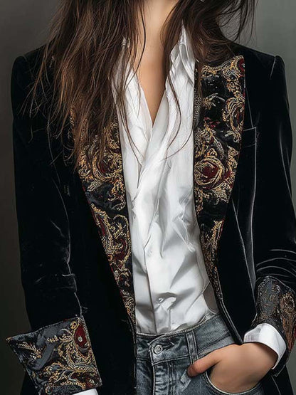 Léontine | Blazer Aderente in Velluto con Ricamo Dorato, Nero