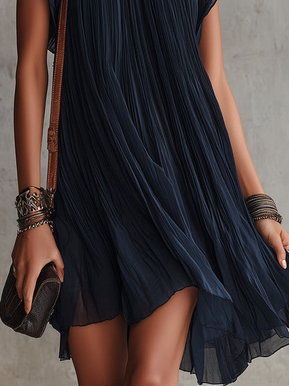 Belen | Vestito corto in chiffon plissettato ricamato con motivi floreali in blu navy