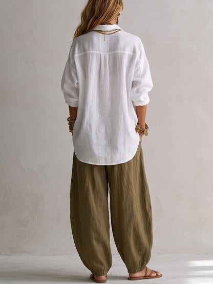Veronica | Completo Camicia in Misto Lino con Pantaloni a Lanterna, Bianco