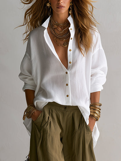 Veronica | Completo Camicia in Misto Lino con Pantaloni a Lanterna, Bianco