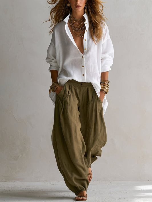 Veronica | Completo Camicia in Misto Lino con Pantaloni a Lanterna, Bianco