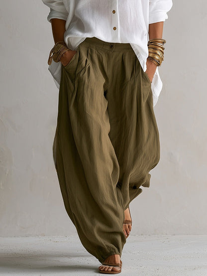 Veronica | Completo Camicia in Misto Lino con Pantaloni a Lanterna, Bianco