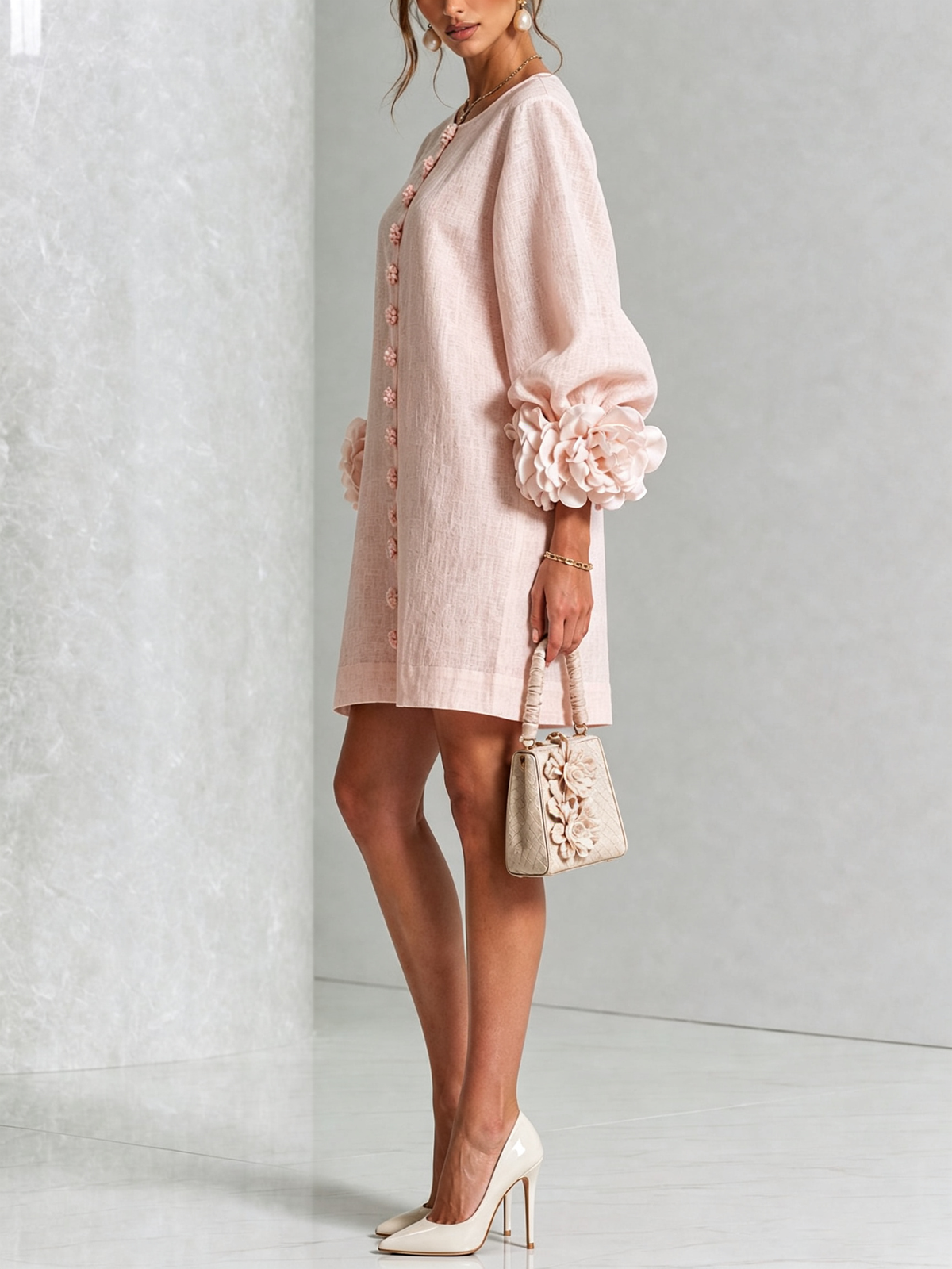 Valentina | Vestito Mini Rosa con Fiori e Maniche a Fiore Impattanti