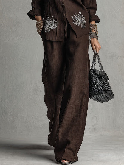 Sabina | Completo Camicia Ricamata e Pantaloni Ampi, Marrone