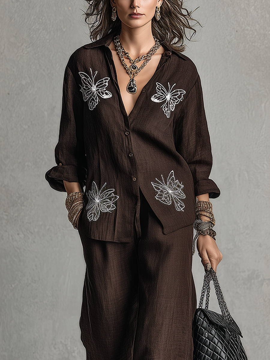 Sabina | Completo Camicia Ricamata e Pantaloni Ampi, Marrone