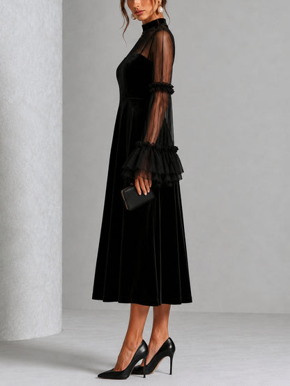 Berenice | Abito Midi in Velluto con Maniche in Tulle, Nero