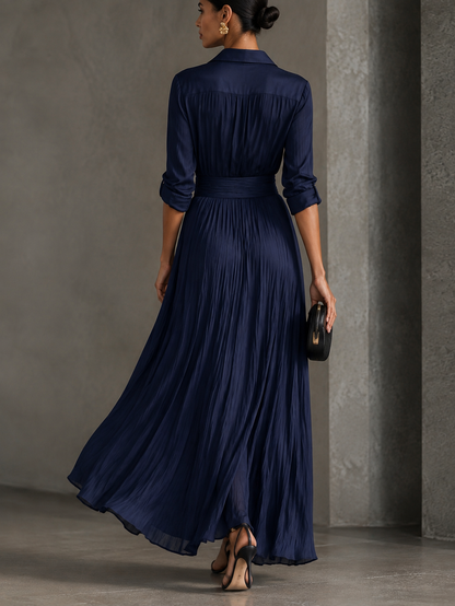 Allegra | Abito Chemisier Maxi con Nodo in Vita, Blu Navy