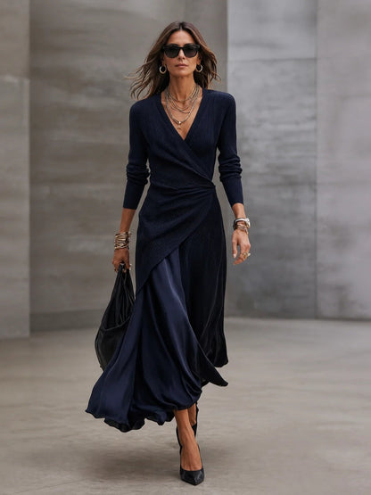 Tamara | Abito Maxi a Portafoglio con Gonna in Raso, Blu Navy