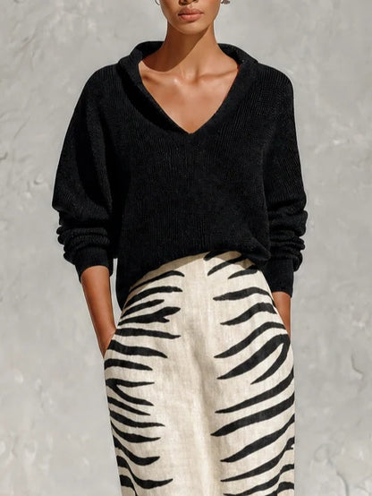 Vittoria | Completo Maglia e Gonna Midi Zebrata, Nero