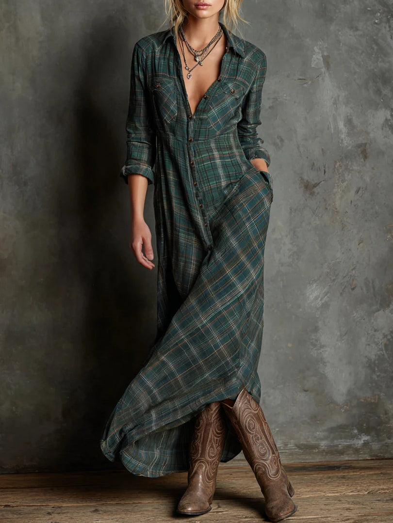 Eufemia | Abito Chemisier Maxi a Quadri con Colletto, Verde