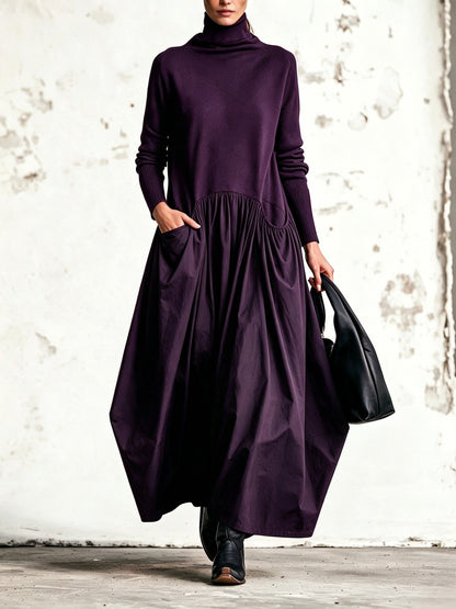 Melissa | Abito Maxi Oversized Nero con Collo Alto e Dettagli Tasche