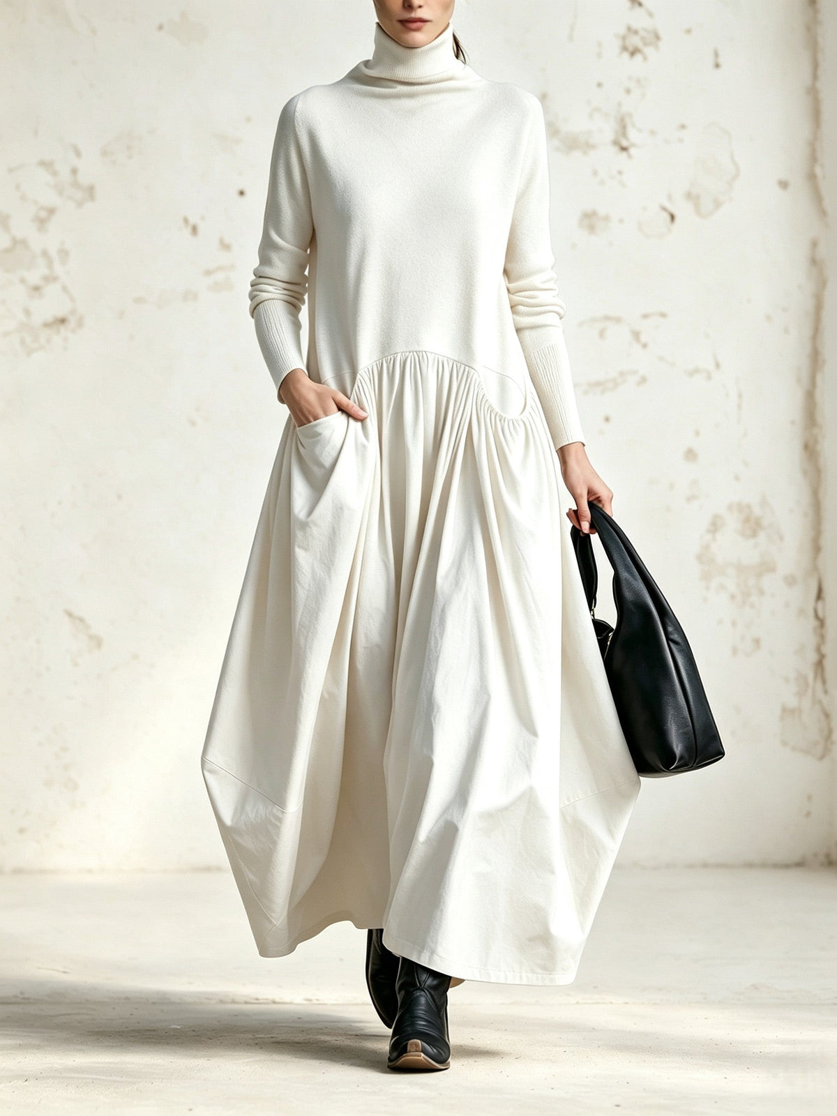 Melissa | Abito Maxi Oversized Nero con Collo Alto e Dettagli Tasche