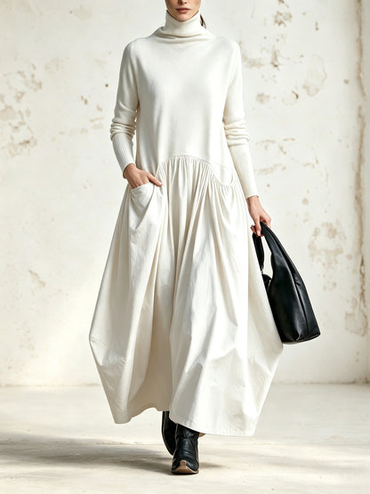 Melissa | Abito Maxi Oversized Nero con Collo Alto e Dettagli Tasche