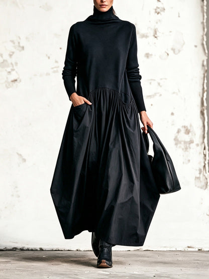 Melissa | Abito Maxi Oversized Nero con Collo Alto e Dettagli Tasche