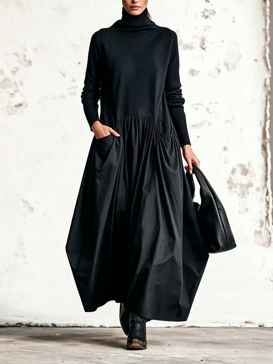 Melissa | Abito Maxi Oversized Nero con Collo Alto e Dettagli Tasche