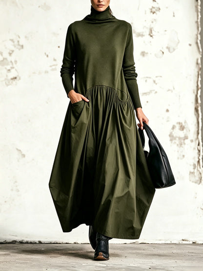 Melissa | Abito Maxi Oversized Nero con Collo Alto e Dettagli Tasche