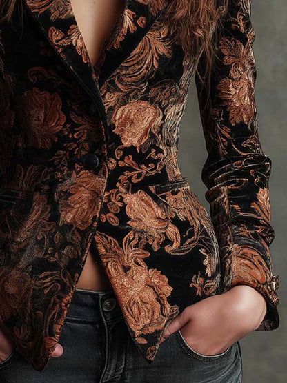Bertille | Blazer in Velluto Jacquard Fiorito, Nero e Bronzo