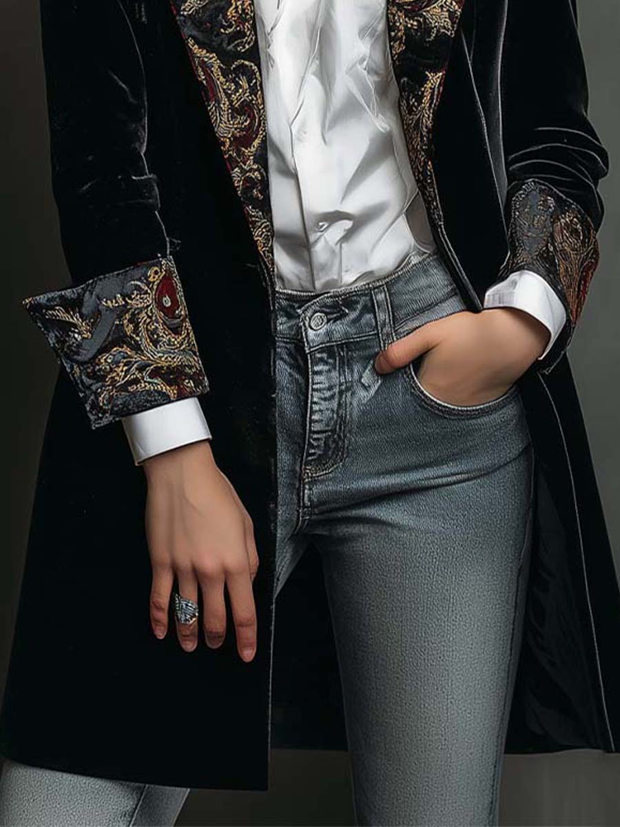 Léontine | Blazer Aderente in Velluto con Ricamo Dorato, Nero
