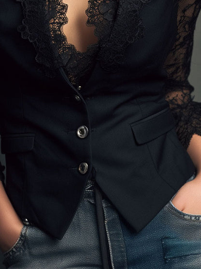 Ninon | Top Blazer Nero a Maniche Semitrasparenti