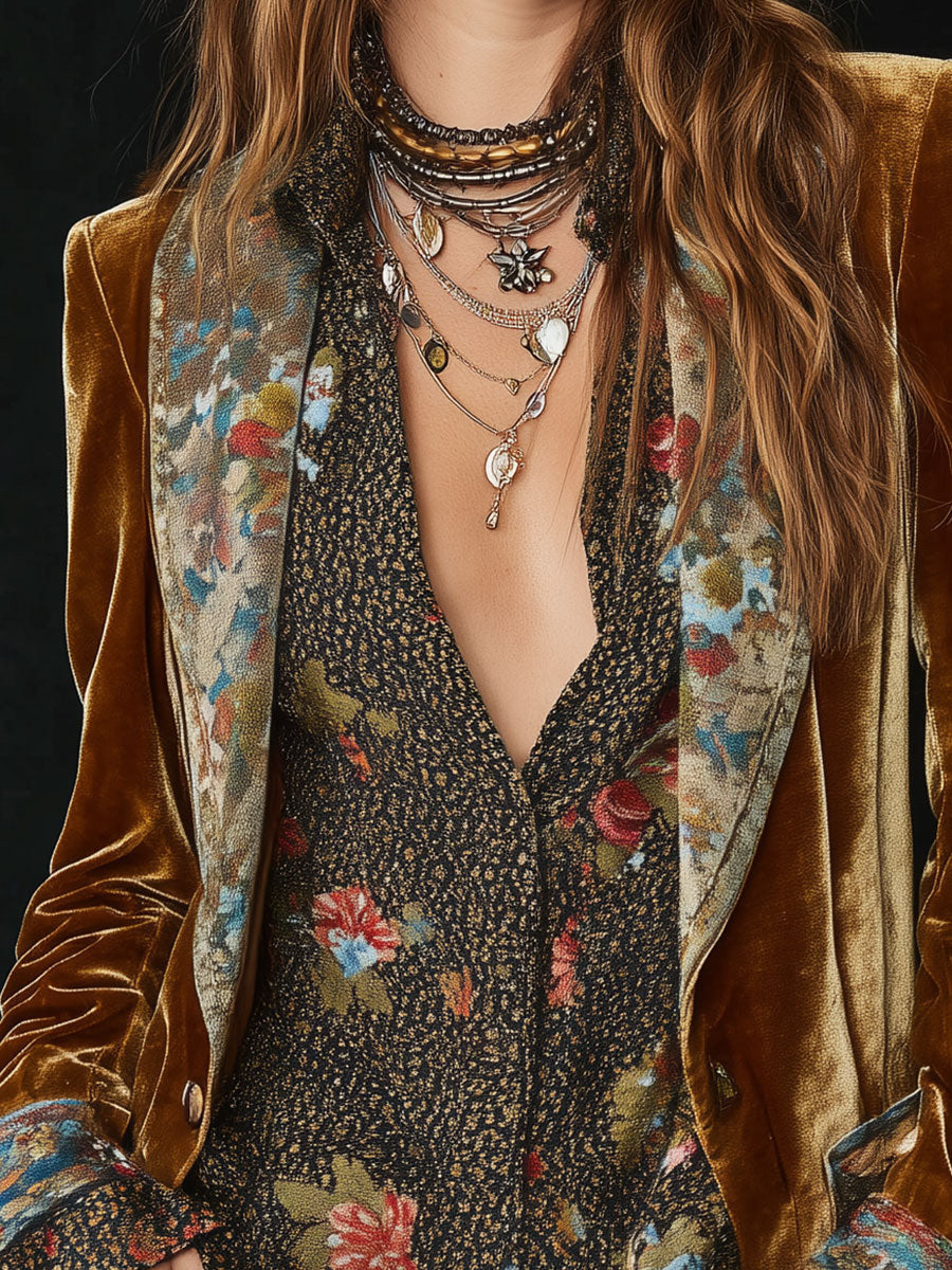 Séverine | Blazer in Velluto Patchwork Fiorito Vintage, Senape