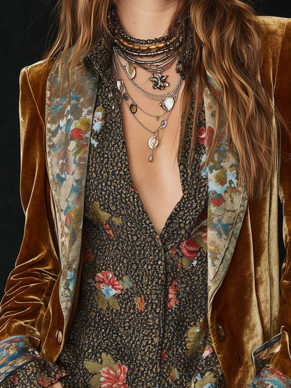 Séverine | Blazer in Velluto Patchwork Fiorito Vintage, Senape