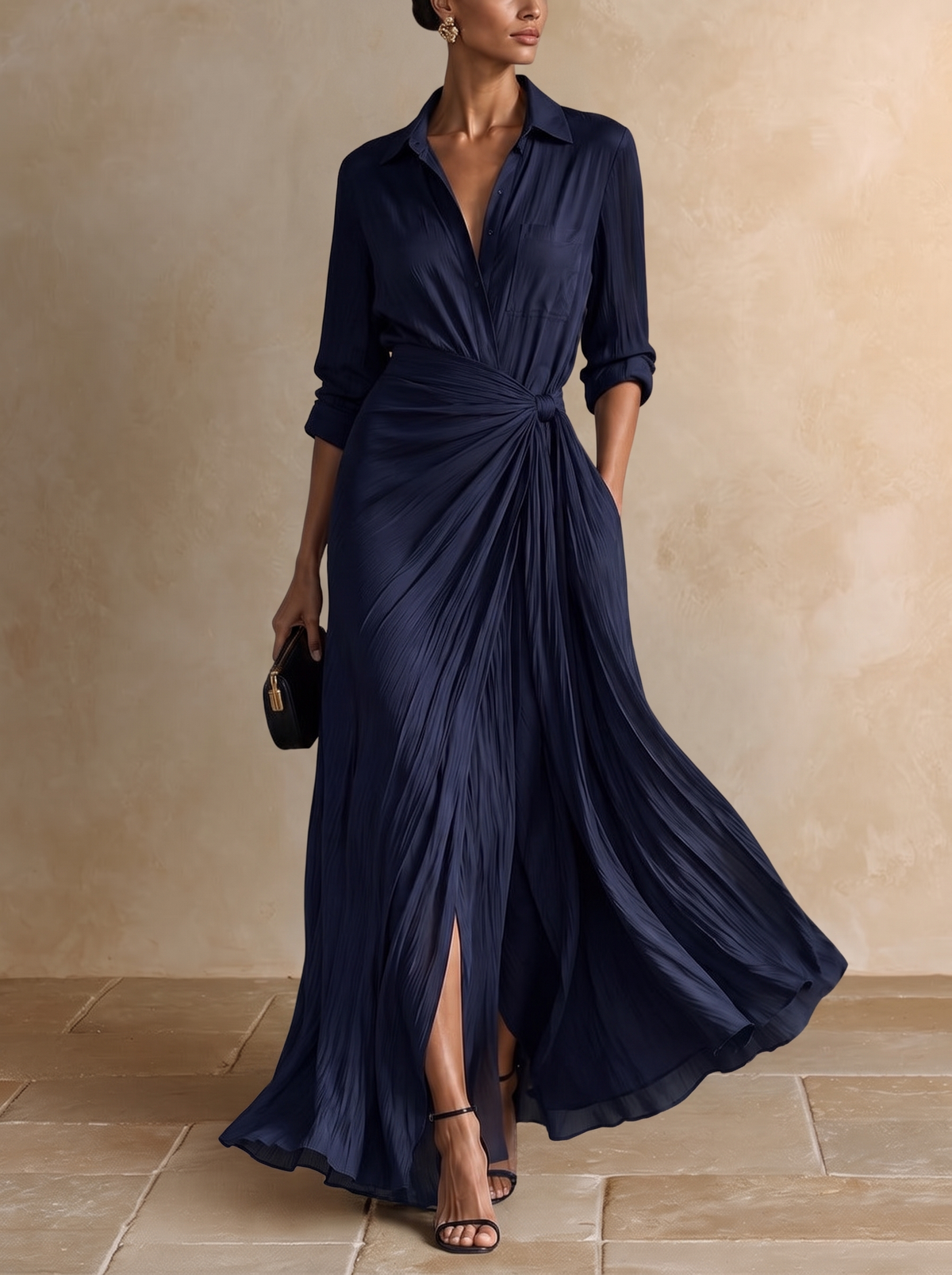 Allegra | Abito Chemisier Maxi con Nodo in Vita, Blu Navy