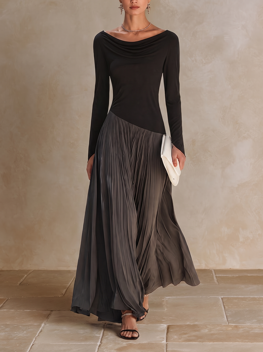 Virginia | Abito Maxi Plissé con Collo Drappeggiato, Nero e Grigio