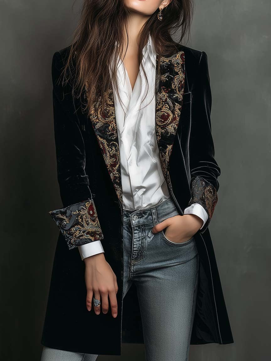 Léontine | Blazer Aderente in Velluto con Ricamo Dorato, Nero