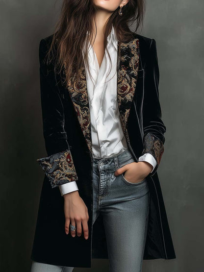 Léontine | Blazer Aderente in Velluto con Ricamo Dorato, Nero
