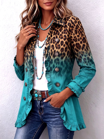 Cassandre | Blazer con Volant e Stampa Leopardata Sfumata, Turchese