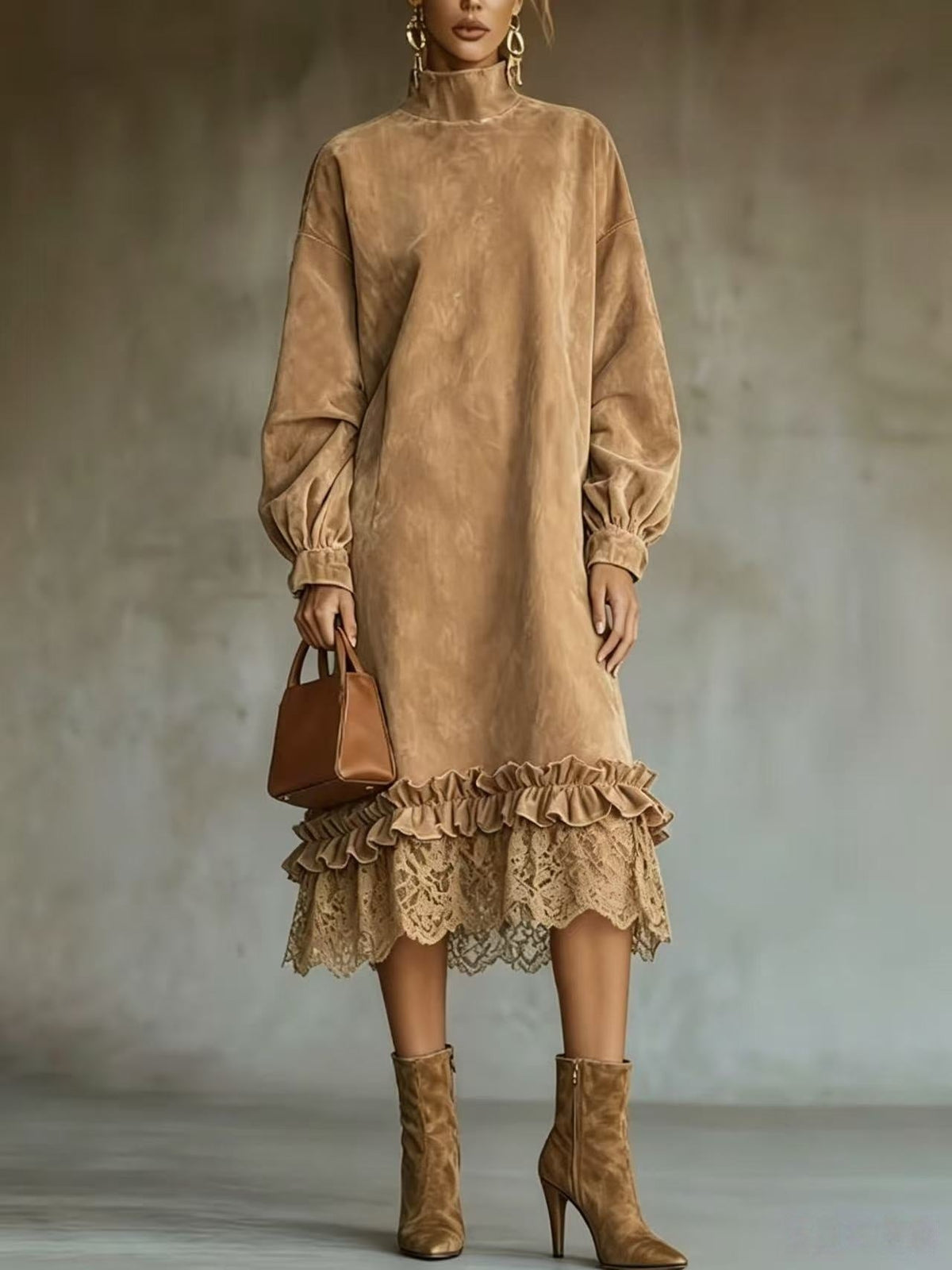 Dalia | Abito Midi Scamosciato con Orlo di Pizzo a Balze