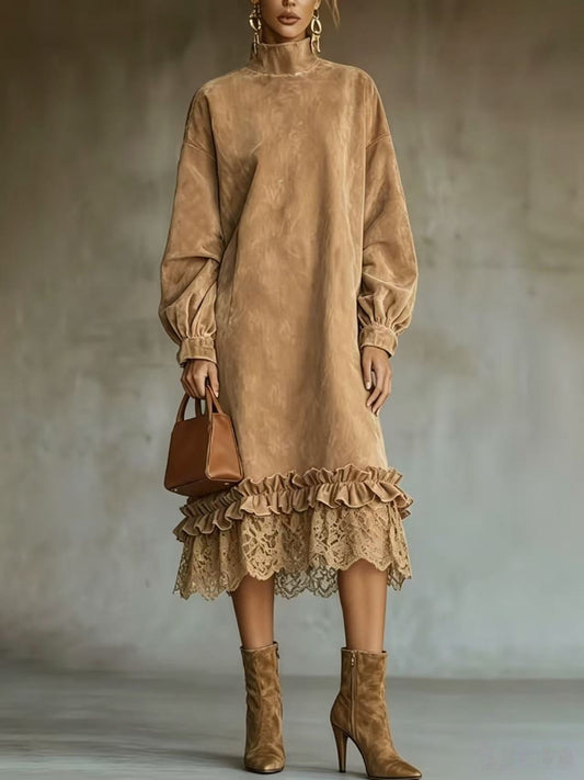 Dalia | Abito Midi Scamosciato con Orlo di Pizzo a Balze