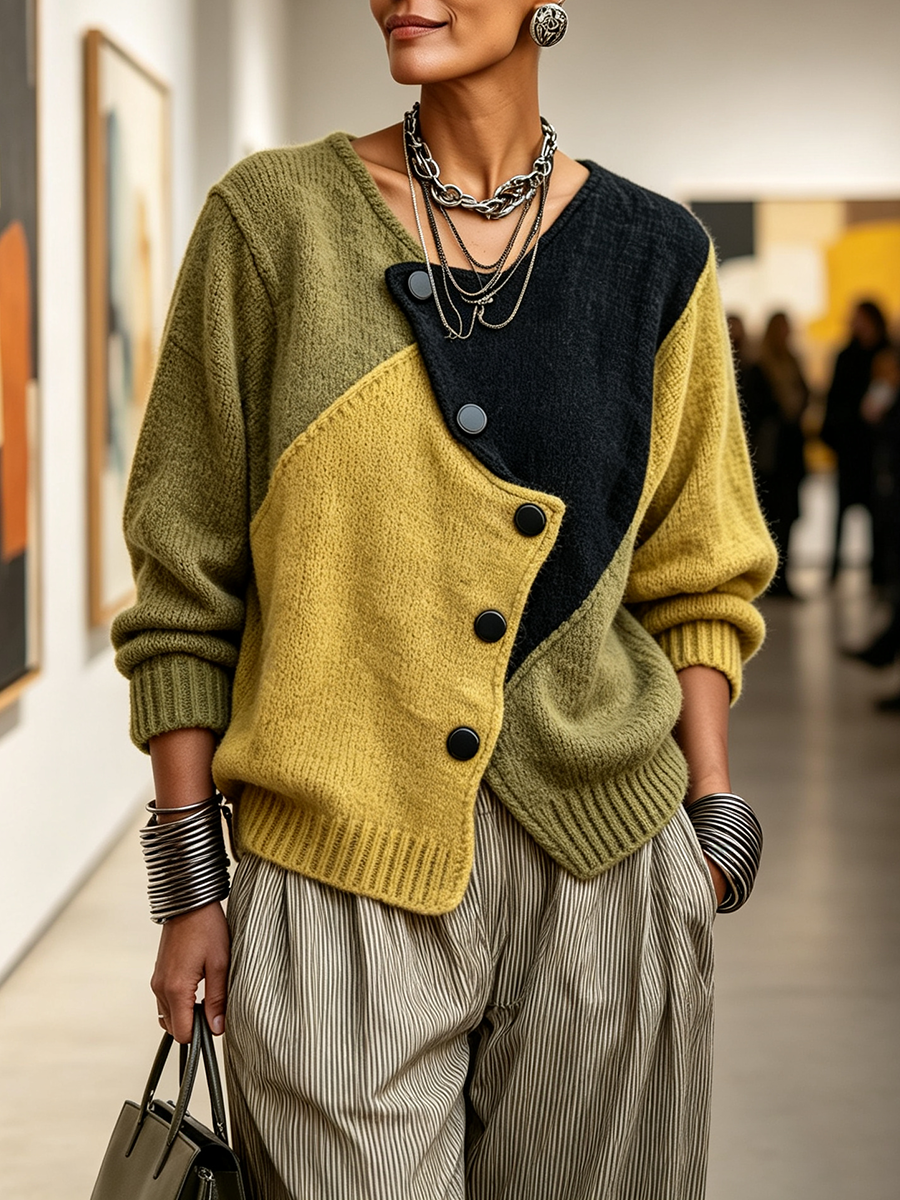 Ottavia | Cardigan Oversize Color-Block in Maglia, Verde Oliva e Senape
