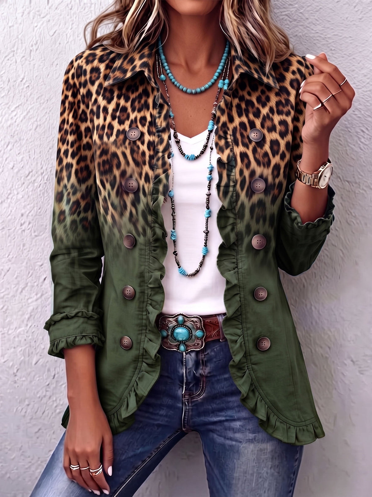 Cassandre | Blazer con Volant e Stampa Leopardata Sfumata, Turchese