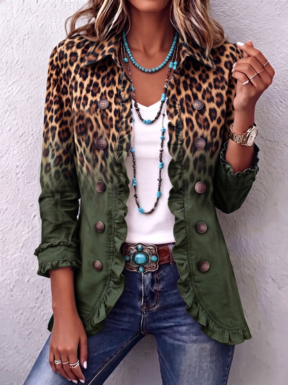 Cassandre | Blazer con Volant e Stampa Leopardata Sfumata, Turchese