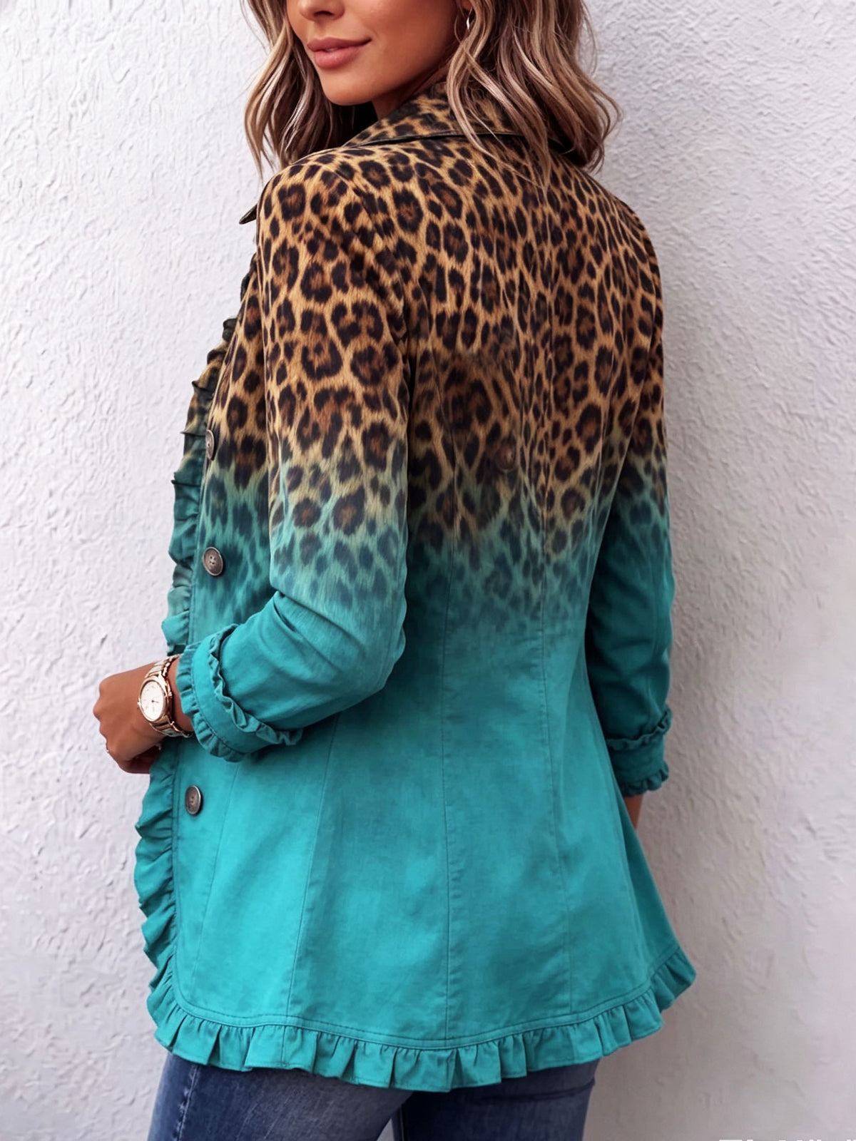Cassandre | Blazer con Volant e Stampa Leopardata Sfumata, Turchese