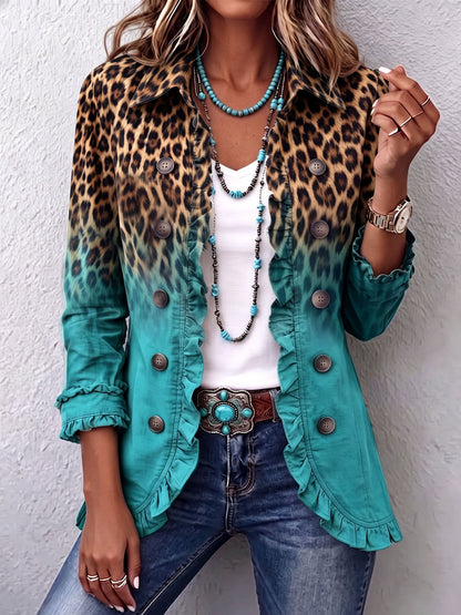 Cassandre | Blazer con Volant e Stampa Leopardata Sfumata, Turchese