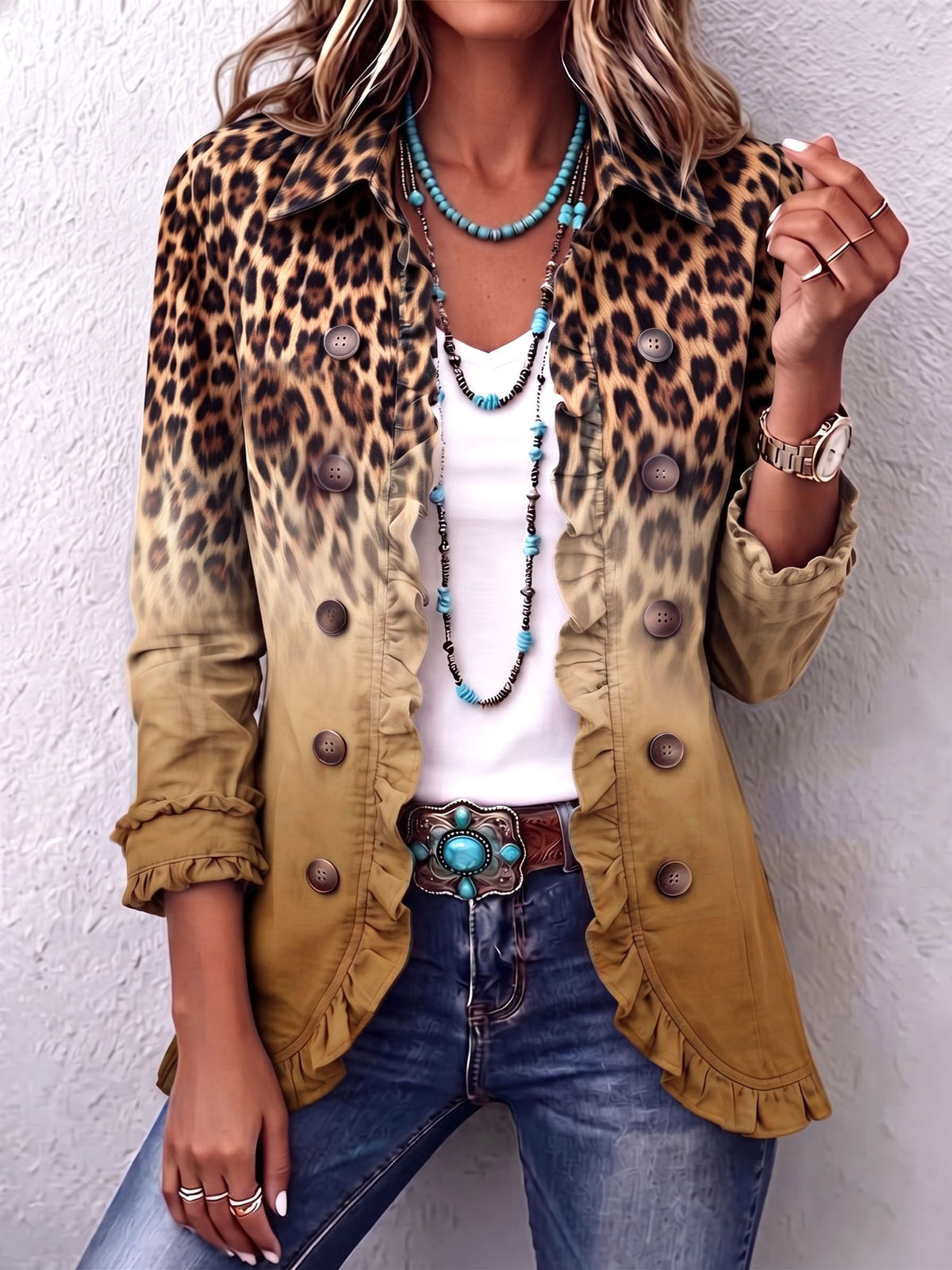 Cassandre | Blazer con Volant e Stampa Leopardata Sfumata, Turchese