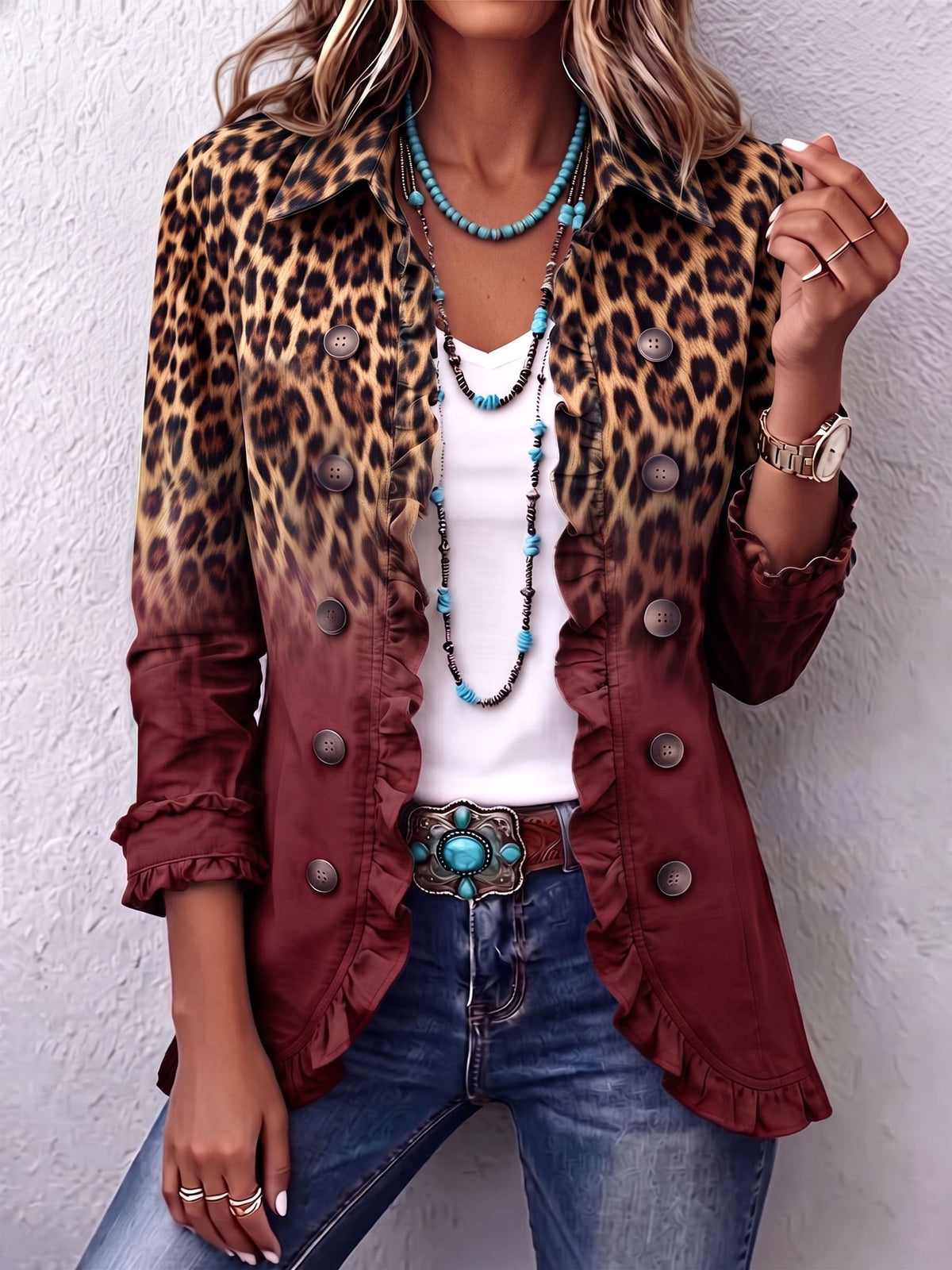Cassandre | Blazer con Volant e Stampa Leopardata Sfumata, Turchese