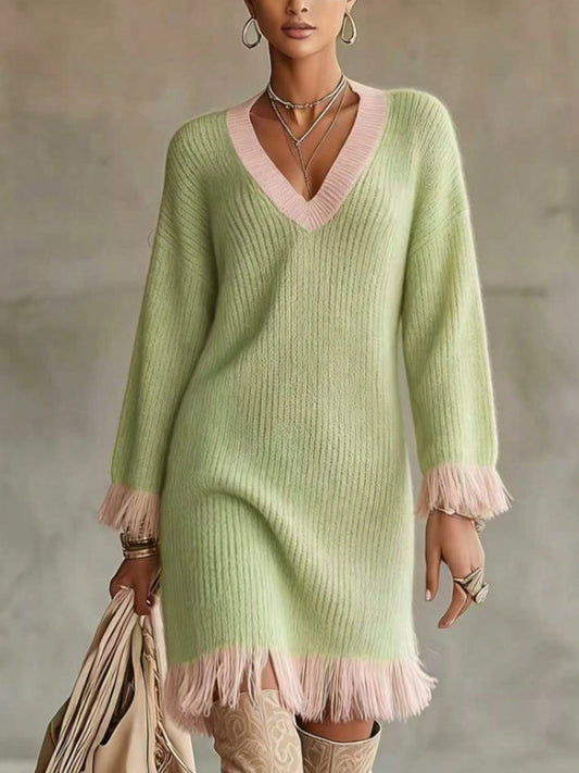 Smeralda | Abito in Maglia Verde con Frange Rosa a Contrasto