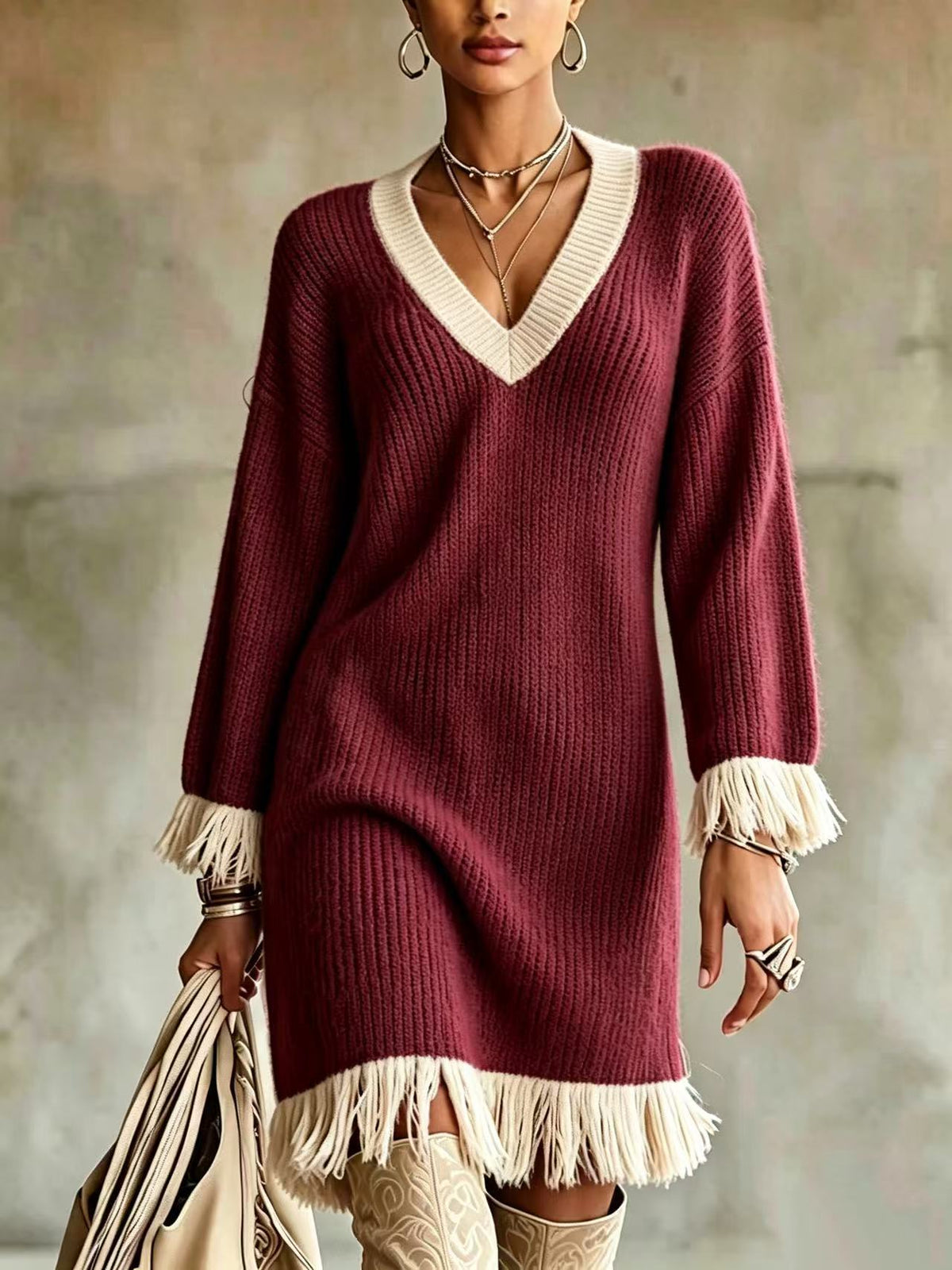 Smeralda | Abito in Maglia Verde con Frange Rosa a Contrasto