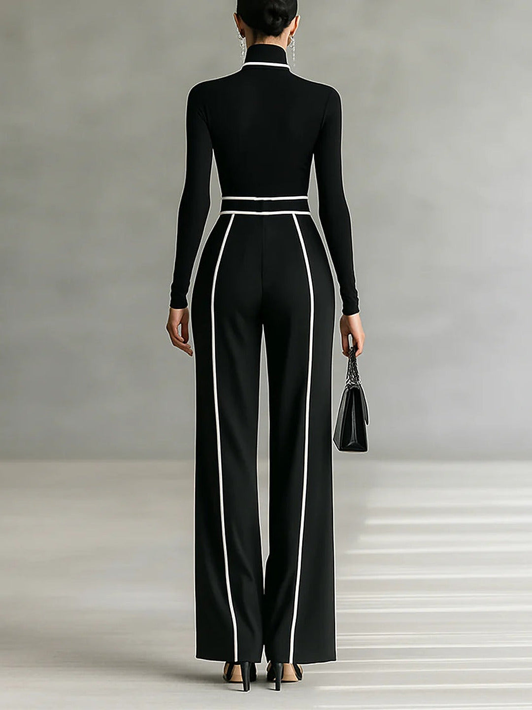 Nicoletta | Completo Elegante Collo Alto e Pantalone Ampio, Nero