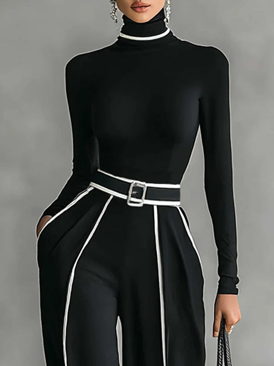 Nicoletta | Completo Elegante Collo Alto e Pantalone Ampio, Nero